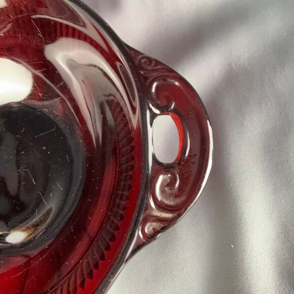 Vintage Ruby Red Pressed Glass Bowl with Handles Mid Century Dish 6" - Picture 2 of 5